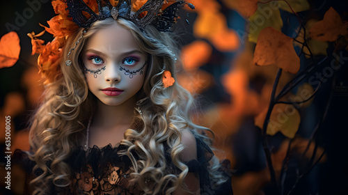 Portrait of a girl in a Halloween s mask and costume.