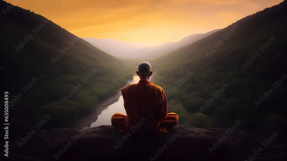 Buddhist monk in meditation on mountaintop at beautiful sunset or sunrise