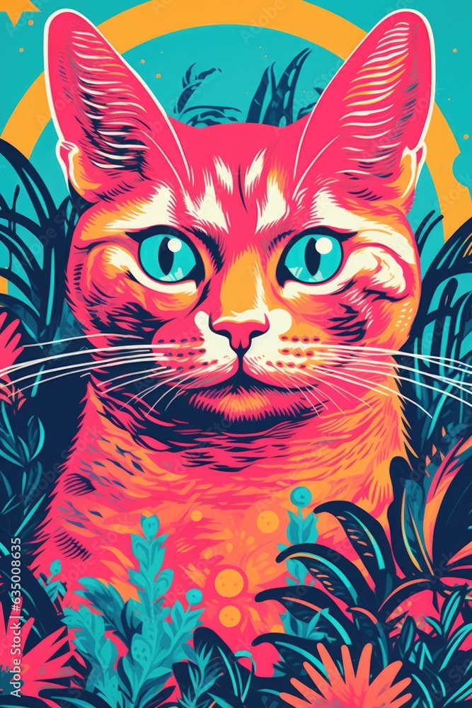 An orange cat with blue eyes sitting in the grass. Digital image. Colorful vibrant pop style image. An orange cat with blue eyes sitting in the grass. Digital image. Colorful vibrant pop style image.