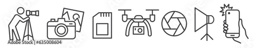 Photography, camera and photo equipment vector thin line icon set on white background