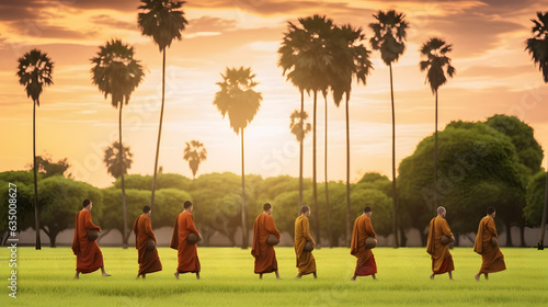 Fotografia Buddhist monks walking across green field with palm trees in morning