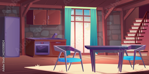 Poor kitchen interior with old furniture. Vector cartoon illustration of dining room in cottage house, empty wooden table and chairs on carpet, fridge and electric oven, staircase, day light in window