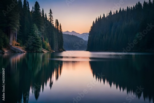 lake in the mountains at sunset Generated AI