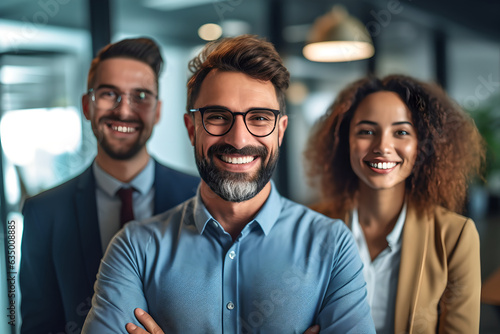Portrait of group of business people smiling and standing in the workplace with a team of colleagues