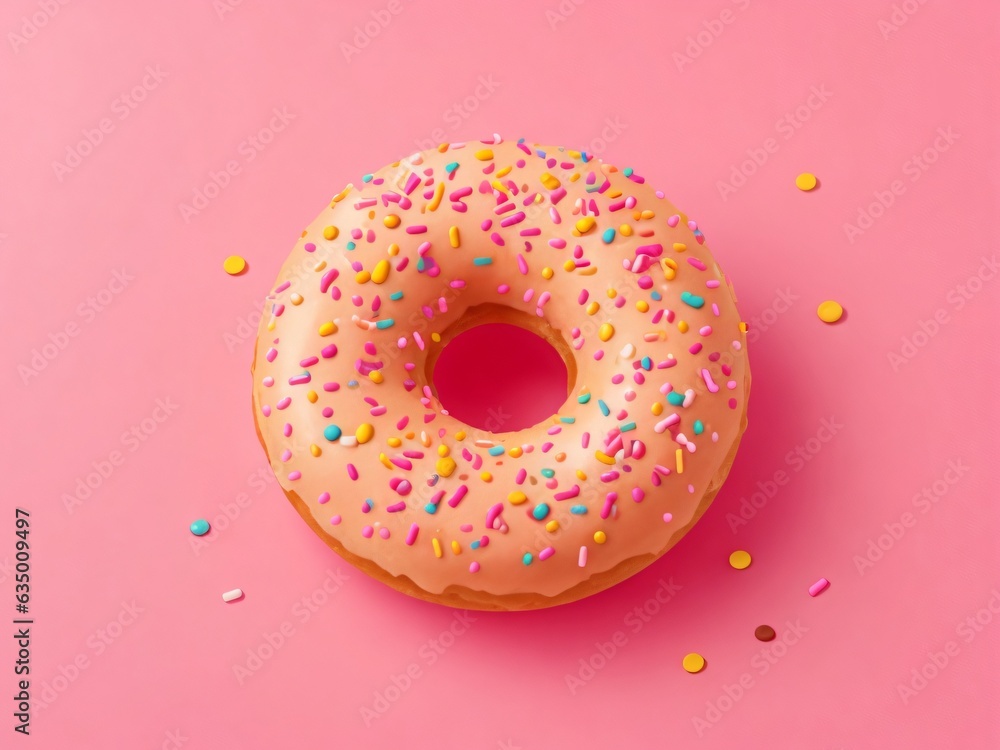 Yellow donut with sprinkles isolated on pink background, Flat lay