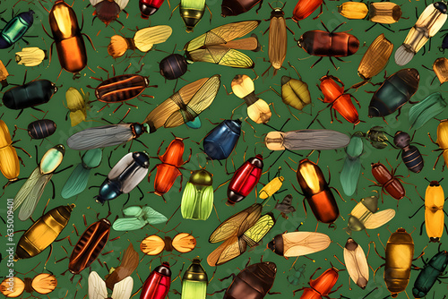 seamless doodle pattern with many different cartoonish bugs on green backlground, neural network generated image photo