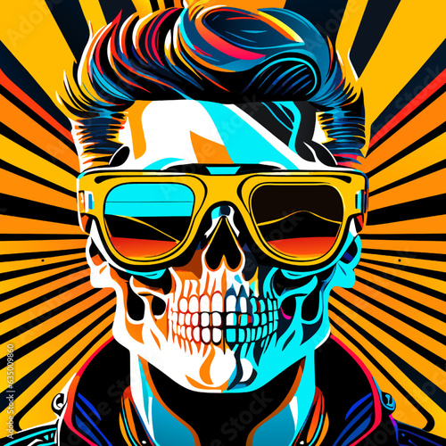 Skull in sunglasses. Grunge background. Vector illustration.