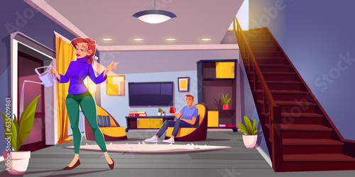 House living room interior with stairs and couple cartoon vector background. Livingroom furniture inside and woman water plant with funnel. Man sitting on yellow armchair modern apartment illustration
