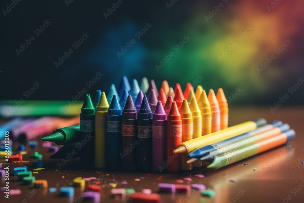 Colorful crayon box against rainbow backdrop. Generative AI Colorful crayon box against rainbow backdrop. Generative AI