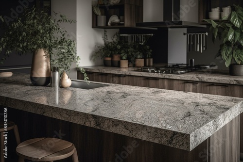Enhance your kitchen with an elegant stone quartz countertop slab decor idea. Generative AI