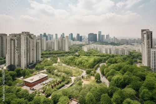 Cityscape with park and high-rises. Green and busy downtown. Panoramic view. Generative AI
