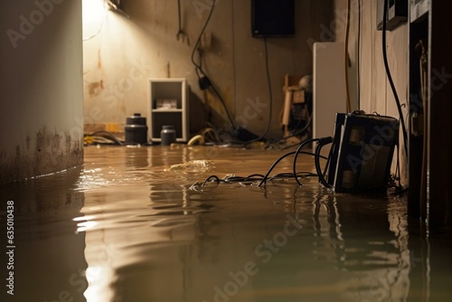 Cleaning up flooded electrical/basement room w/ deep water & mop. Water damage from rain, snowmelt or pipe burst. Selective focus on cable. Generative AI