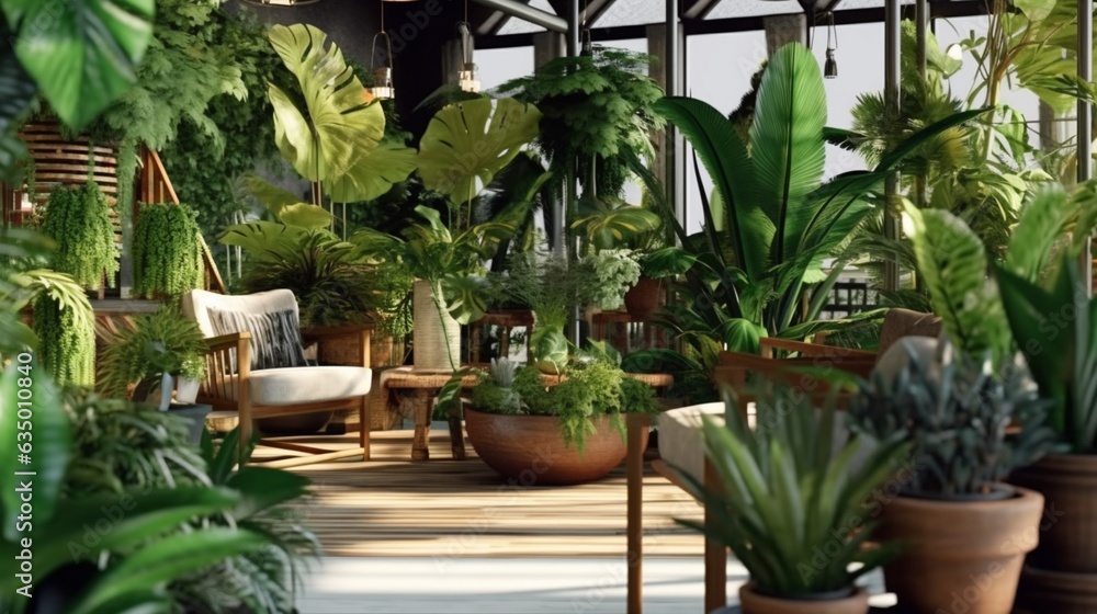 Lots of beautiful green lush indoor plants on the terr Generative Ai Lots of beautiful green lush indoor plants on the terr Generative Ai