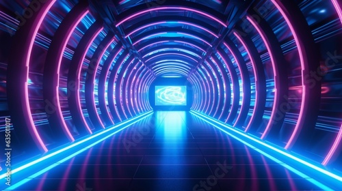 Metal glowing tunnel with neon light and perspective Generative Ai