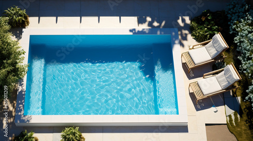 Top down view of a swimming pool with crystal clear blue water and without people. Concept of summer, travel, holidays and hotel or spa stays. photo