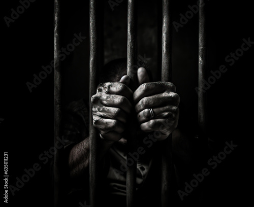 Man in Jail or Prison grabbing the iron bars of his prison cell. Concept of justice and punishment. Shallow field of view.