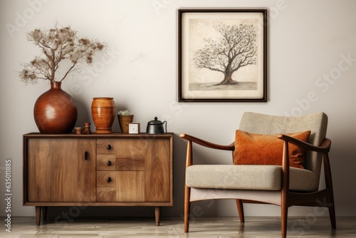 Antique inspired living room decor with a framed poster, wooden sideboard, boucle armchair, books, brown pillow, bowl of nuts, dried flower vase, and pitcher.