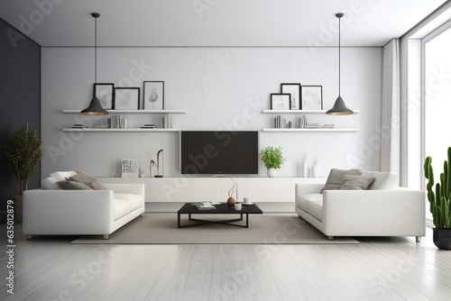 Sleek living room interior with blank wall, rendered in 3D. Generative AI
