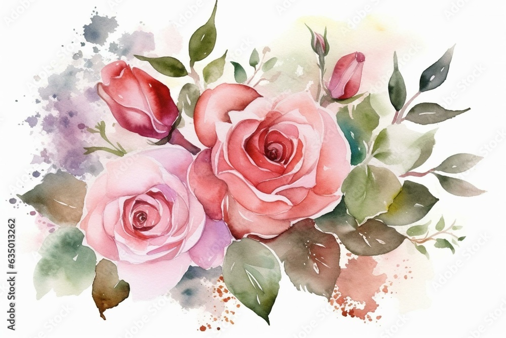 Watercolor pink rose bouquet in bloom decoration. Generative AI