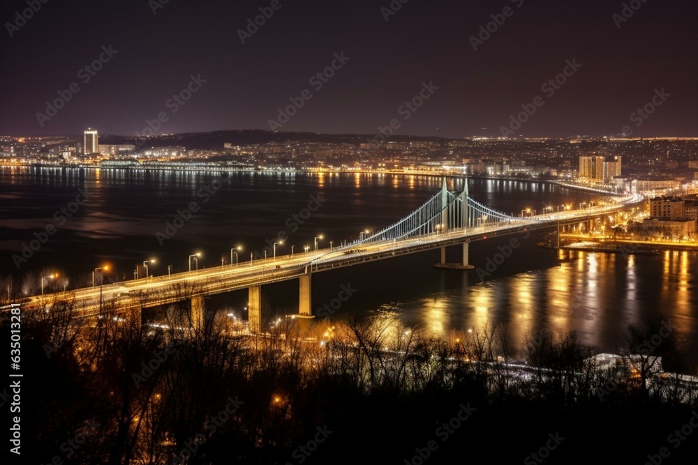 Nighttime cityscape of Saratov, Russia with Saratov Bridge spanning the Volga River. Generative AI