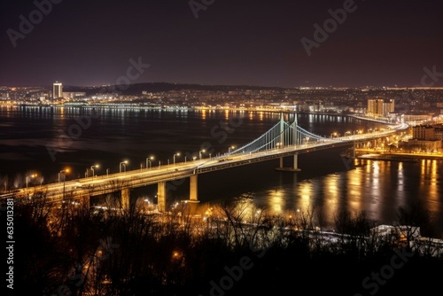 Nighttime cityscape of Saratov  Russia with Saratov Bridge spanning the Volga River. Generative AI