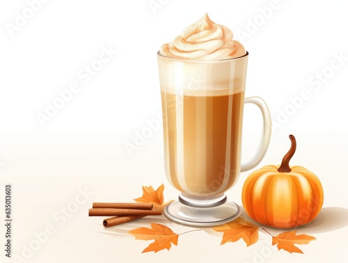 A cup of coffee with whipped cream next to a pumpkin. Digital image. Pumpkin spice latte.