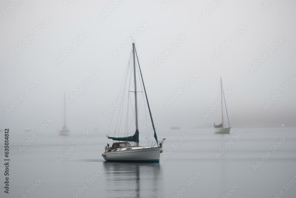 Sailboat foggy lake. Generate Ai