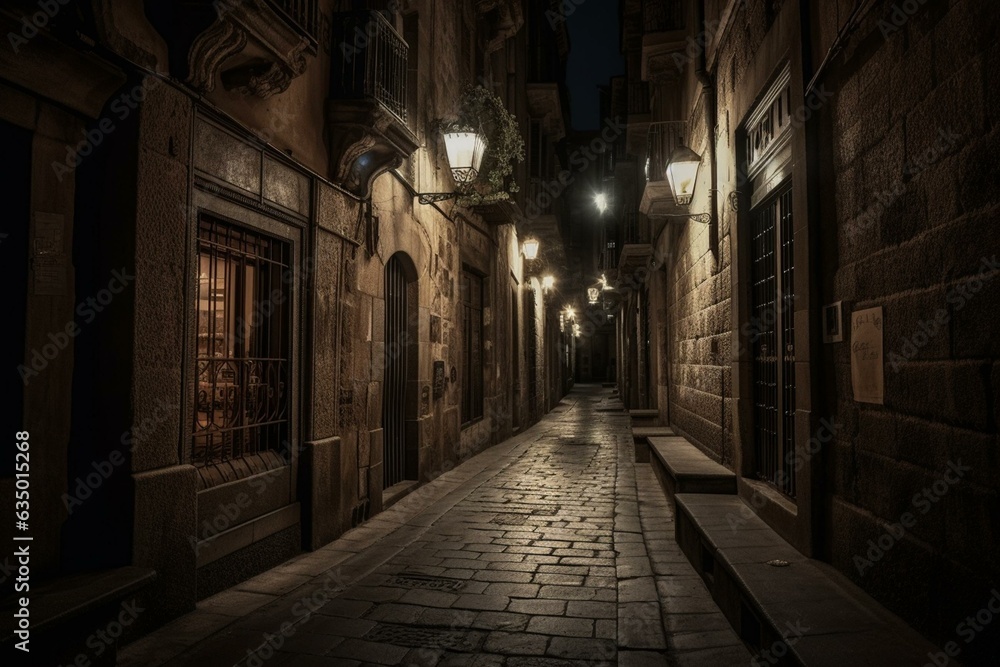 Old Gothic Quarter street in Barcelona at night, illustrated. Generative AI