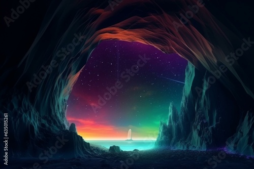 Fantasy cave with rocky terrain and a stunning starry night sky featuring the northern lights. Neon 3D illustration showcasing a rock hole and tunnel in the northern hemisphere. Generative AI