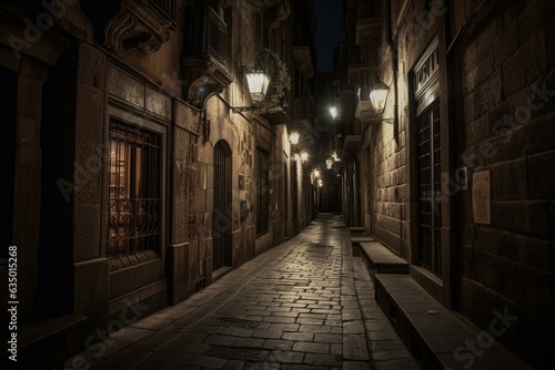 Old Gothic Quarter street in Barcelona at night  illustrated. Generative AI