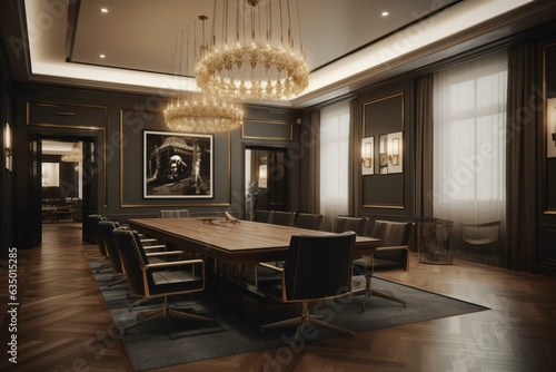 3D visualization of interior design for prestigious meeting room. Generative AI © Celestina