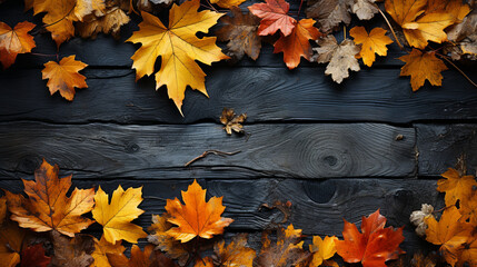 Border frame of colorful autumn leaves isolated on wooden background. Autumn concept. Space for text