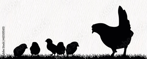 Vector silhouette set of detailed quality chickens - hens, poultry, roosters, cock and baby chicks in farm