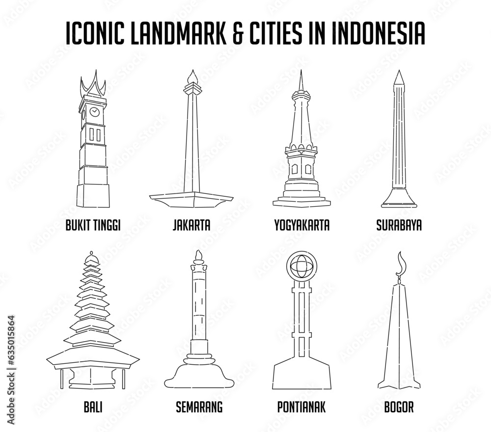 Iconic landmark and the cities in Indonesia. Outline landmark of Bukit Tinggi, Jakarta, Yogyakarta, Surabaya, Bali, Semarang, Pontianak and Bogor. Iconic landmark and the cities in Indonesia. Outline landmark of Bukit Tinggi, Jakarta, Yogyakarta, Surabaya, Bali, Semarang, Pontianak and Bogor.