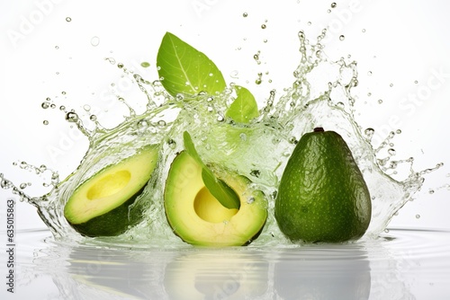 avocado falling into water with splash white background