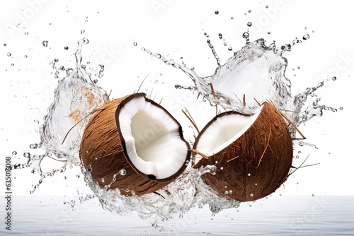 Falling Coconut with the splash of water isolated on White background