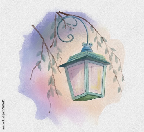Watercolor painted. Old street lamp, lantern with flowers and leaves