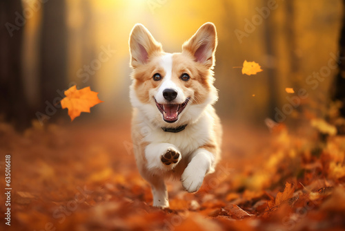 An happy corgi in a forest on autumn, leaf around, realistic photo