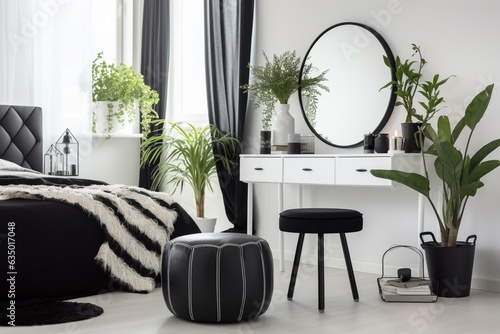 Black and white bedroom with a big mirror, dressing table, plant, and stool. Keywords: bedroom, mirror, dressing table, plant, stool, black, white, interior, decor, furniture. Generative AI photo