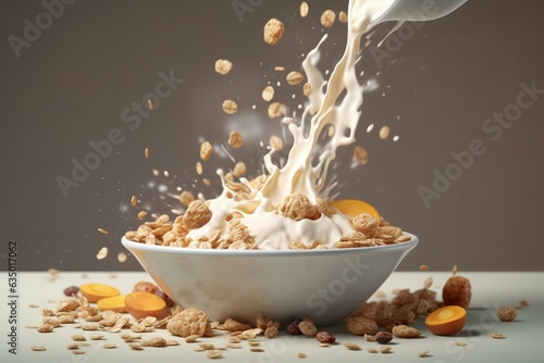 Breakfast bowl with milk, yogurt, oat cookies, granola, nuts, seeds & healthy cereals in 3D milk splash. Ads design. Generative AI photo