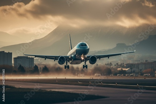 Image of airplane landing at Nice Airport terminal. Generative AI