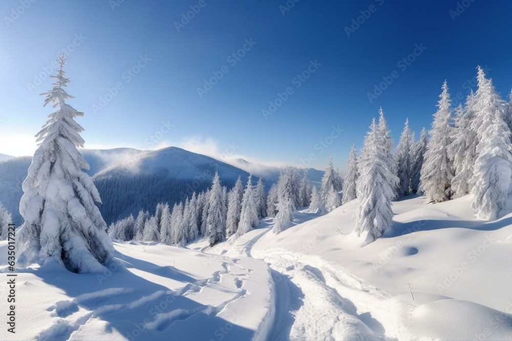 Vibrant Xmas panorama of Carpathian mountains covered in fresh snow with sunny valley view reflecting beauty of nature. Generative AI