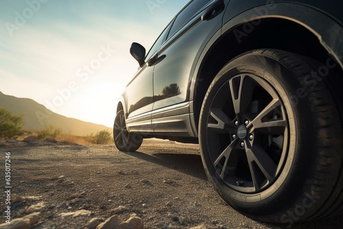 Close-up of SUV's right rear wheel on a thrilling road trip. Generative AI © Christopher