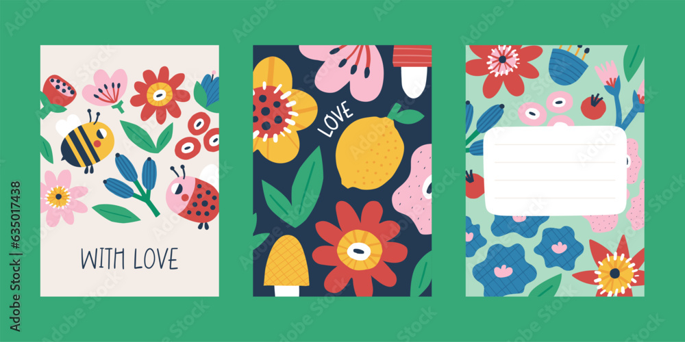 Obraz premium Floral vector cards with flowers, fruit, lemon, apple, pear, berry, cherry, bee, ladybug, plant, leaf, mushroom, bushes, nature in hand drawn flat style