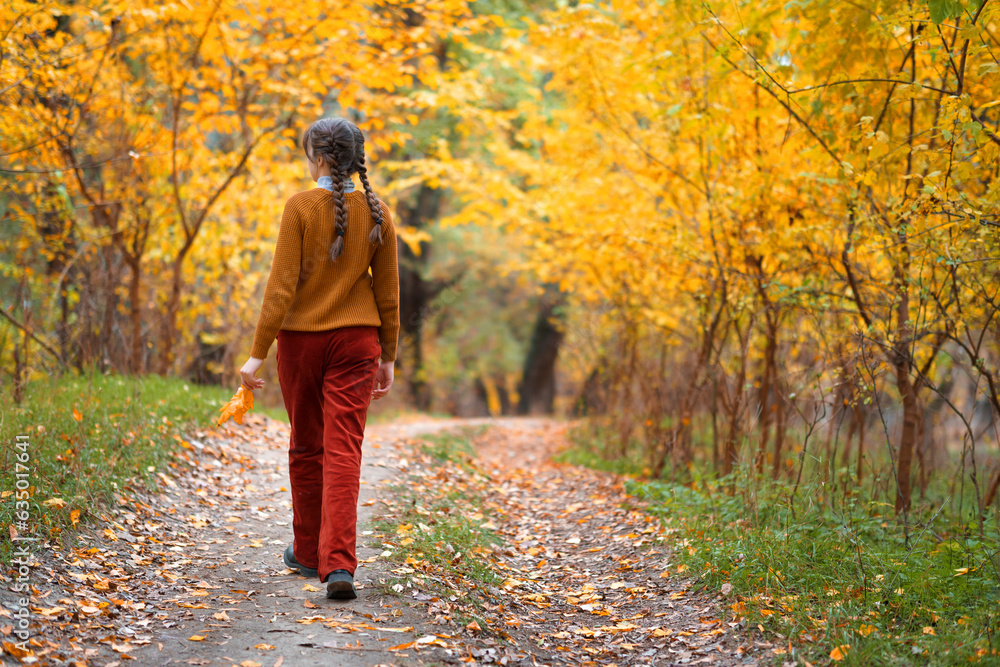 a young teenage girl walks in the autumn forest, goes along the road and enjoys the beautiful nature and bright yellow leaves a young teenage girl walks in the autumn forest, goes along the road and enjoys the beautiful nature and bright yellow leaves