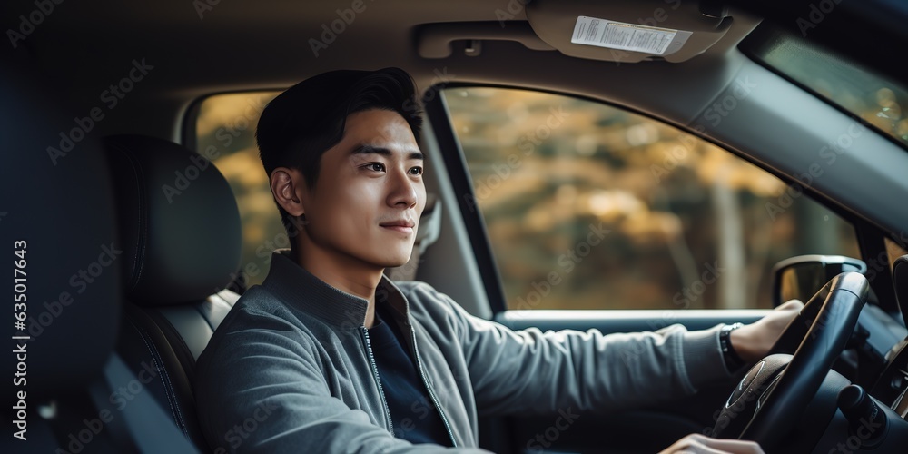 Young guy driving a car on a clear day.
