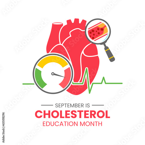 Illustration of heart with magnifying glass looking at constriction of blood vessels good for National Cholesterol Education month