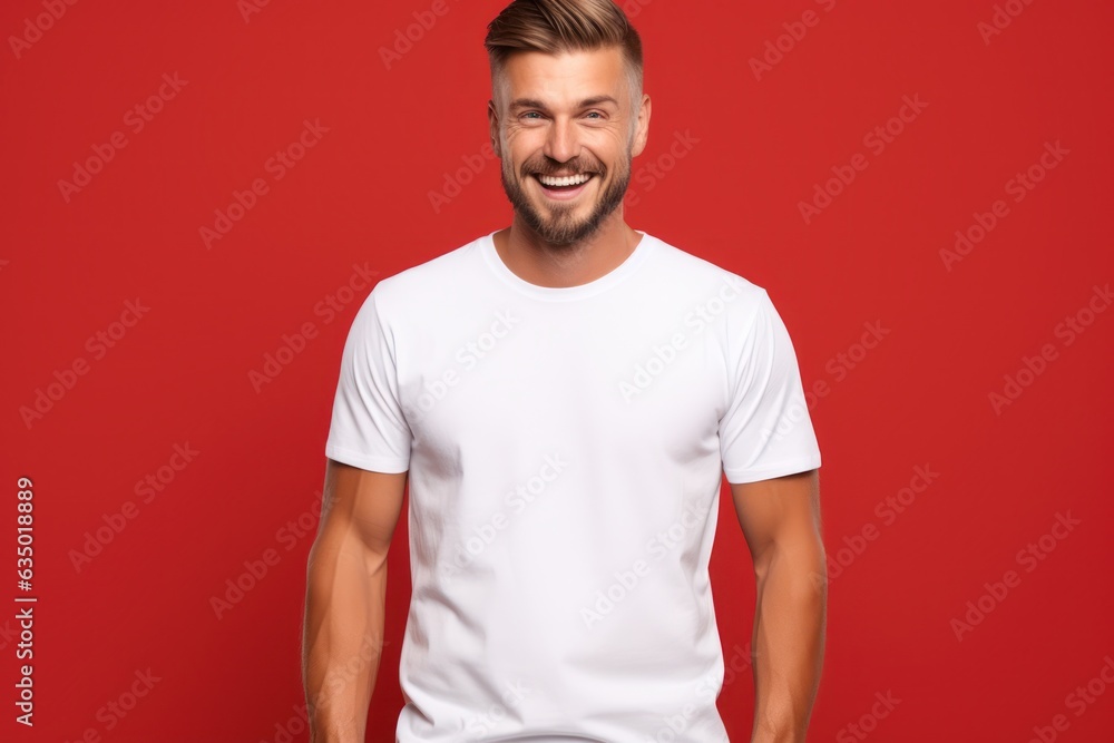 Man wearing white blank t-shirt on red background, t-shirt template, mockup, studio shot Man wearing white blank t-shirt on red background, t-shirt template, mockup, studio shot