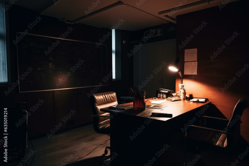 A dimly lit office corner with a conference board. Generative AI