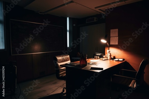 A dimly lit office corner with a conference board. Generative AI